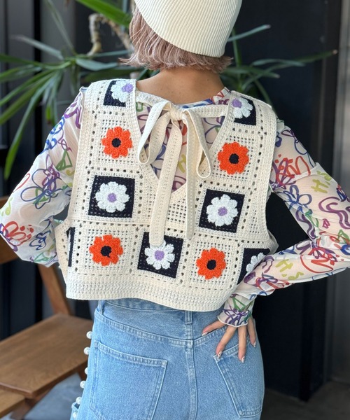 HELLO.SANFRANCISCO（ハローサンフランシスコ）の「【HELLO.SANFRANCISCO/ハローサンフランシスコ】フラワージャガードリボンベスト（ベスト・レディース・ネイビー・FREE）」の5枚目の写真