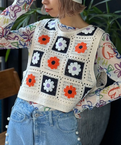 HELLO.SANFRANCISCO（ハローサンフランシスコ）の「【HELLO.SANFRANCISCO/ハローサンフランシスコ】フラワージャガードリボンベスト（ベスト・レディース・ネイビー・FREE）」の3枚目の写真