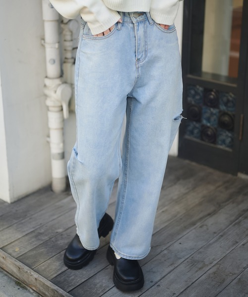 SPINNS（スピンズ）の「サイドカットデザイン デニムワイドパンツ（デニムパンツ・レディース・ブルー/その他/ブラック・S/M）」の11枚目の写真