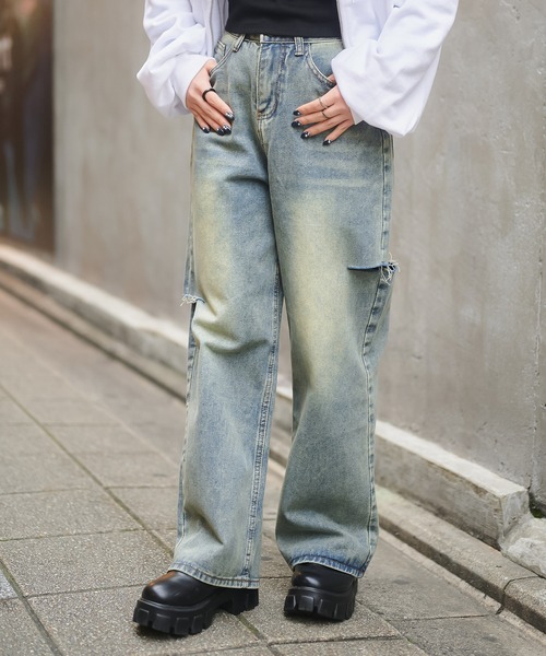 SPINNS（スピンズ）の「サイドカットデザイン デニムワイドパンツ（デニムパンツ・レディース・ブルー/その他/ブラック・S/M）」の13枚目の写真