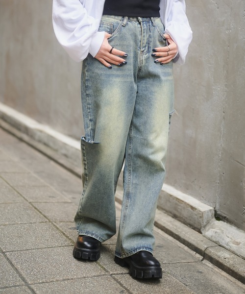 SPINNS（スピンズ）の「サイドカットデザイン デニムワイドパンツ（デニムパンツ・レディース・ブルー/その他/ブラック・S/M）」の14枚目の写真