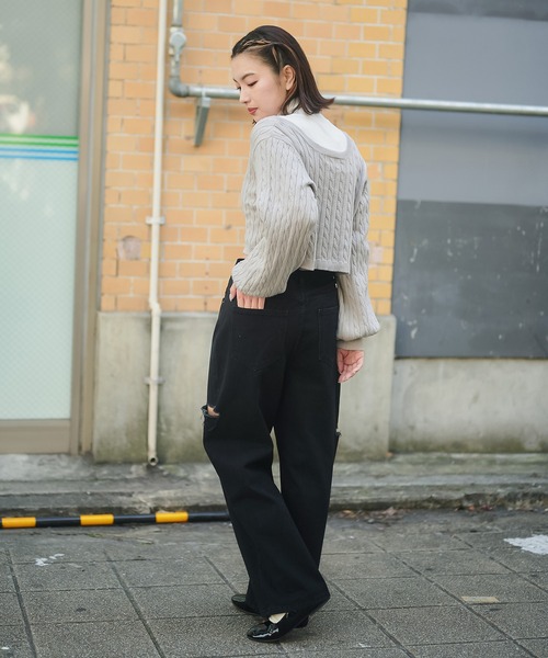 SPINNS（スピンズ）の「サイドカットデザイン デニムワイドパンツ（デニムパンツ・レディース・ブルー/その他/ブラック・S/M）」の18枚目の写真