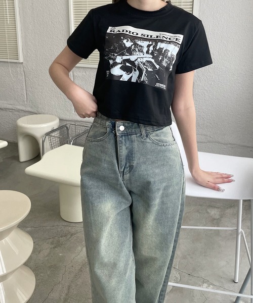 モノクロプリント クロップド丈 チビTシャツ（Tシャツ