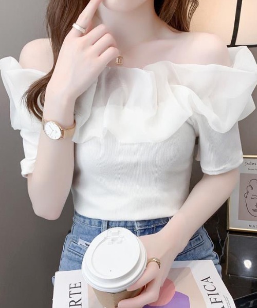 deux amour（ドゥーザムール）の「シアーフリルオフショルダー異素材ベアトップ（その他トップス・レディース・ブラック/ホワイト・FREE）」の3枚目の写真