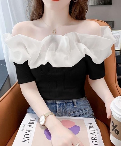 deux amour（ドゥーザムール）の「シアーフリルオフショルダー異素材ベアトップ（その他トップス・レディース・ブラック/ホワイト・FREE）」の9枚目の写真