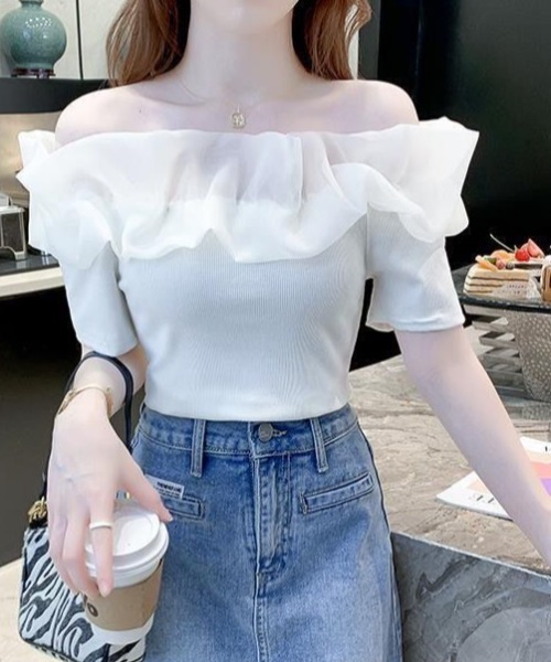 deux amour（ドゥーザムール）の「シアーフリルオフショルダー異素材ベアトップ（その他トップス・レディース・ブラック/ホワイト・FREE）」の5枚目の写真