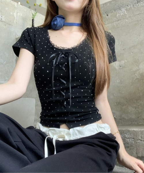 レースアップリボンレースドット柄Tシャツ（Tシャツ/カットソー 