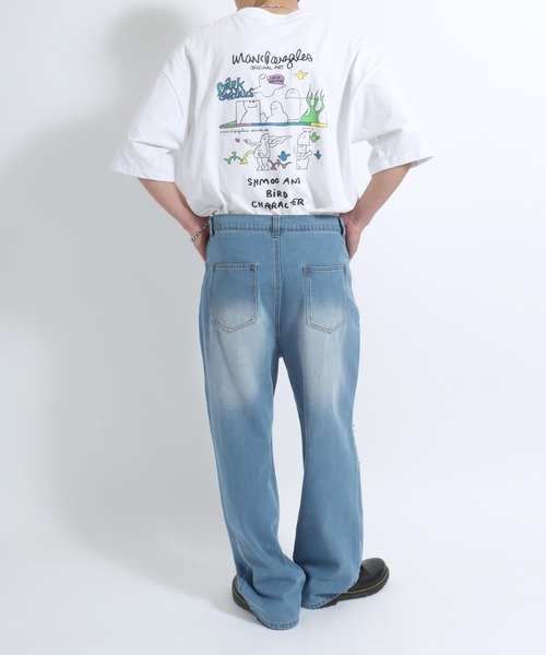 セール】ワイドシルエット クラッシュダメージデニムパンツ