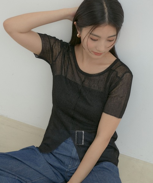 VIS（ビス）の「【洗える】裾スリットシアーニットプルオーバー（ニット/セーター・レディース・ブラック系その他/グリーン系その他/ホワイト系その他5・FREE）」の3枚目の写真