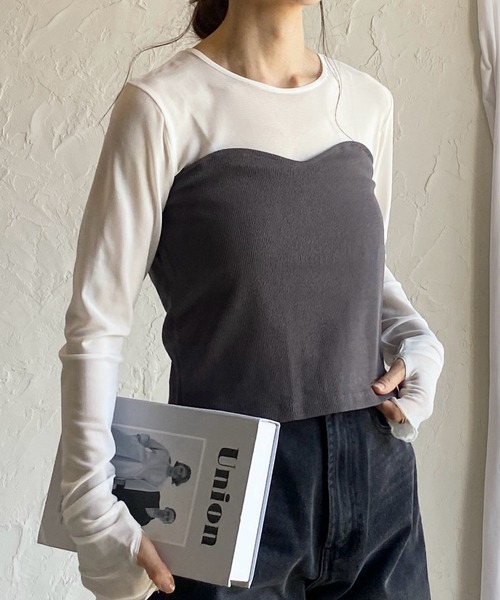 She's Closet（シーズクローゼット）の「バックダブルジップショート丈リブニットビスチェトップス（チューブトップ・レディース・チャコールグレー/グレイッシュベージュ・FREE）」の2枚目の写真