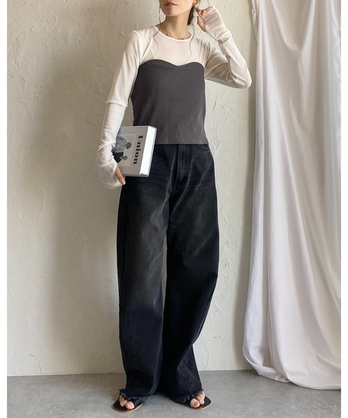 She's Closet（シーズクローゼット）の「バックダブルジップショート丈リブニットビスチェトップス（チューブトップ・レディース・チャコールグレー/グレイッシュベージュ・FREE）」の12枚目の写真