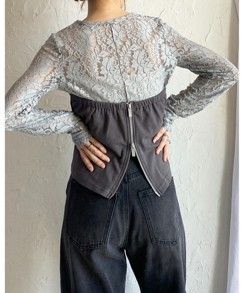 She's Closet（シーズクローゼット）の「バックダブルジップショート丈リブニットビスチェトップス（チューブトップ・レディース・チャコールグレー/グレイッシュベージュ・FREE）」の17枚目の写真