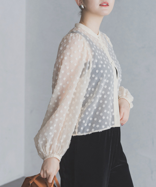 IENA Mi*Trefle シアーギャザーブラウス ロングスリーブ ブラック