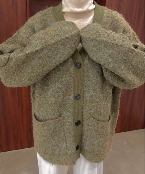 lawgy(ラウジー)の「mix fluffy front rib point knit / ミックスフラッフィーフロントリブポイントニット(カーディガン/ボレロ・レディース・グレー/グリーン/ホワイト・FREE)」の8枚目の写真