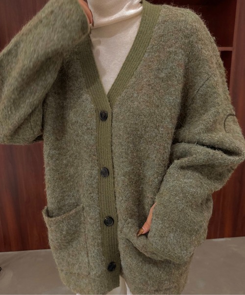lawgy(ラウジー)の「mix fluffy front rib point knit / ミックスフラッフィーフロントリブポイントニット(カーディガン/ボレロ・レディース・グレー/グリーン/ホワイト・FREE)」の9枚目の写真