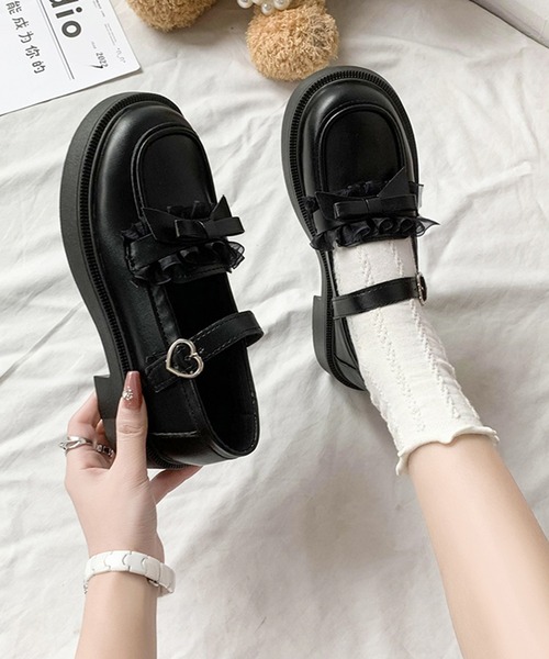 セール】フリル リボン レザー調 ストラップ シューズ（ローファー