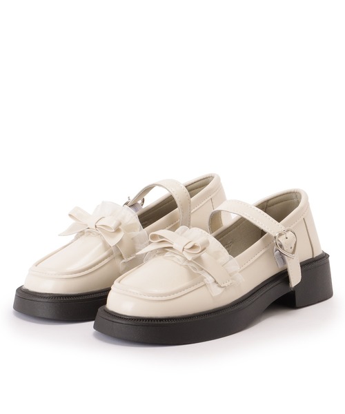 セール】フリル リボン レザー調 ストラップ シューズ（ローファー