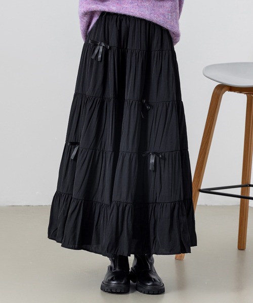 DAY CLOSET(デイ クローゼット)の「【ロング丈/透け防止のペチコート付き】バレエコアルックリボンティアードスカート レディース(スカート・レディース・ホワイト/ブラック・FREE)」の1枚目の写真