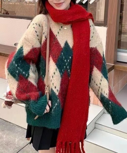 gossip!ロサンゼルス(ゴシップロサンゼルス)の「ルーズシルエット ジャガード アニマル アーガイル柄/チェック柄 ニット セーター(ニット/セーター・レディース・レッド・FREE)」の22枚目の写真