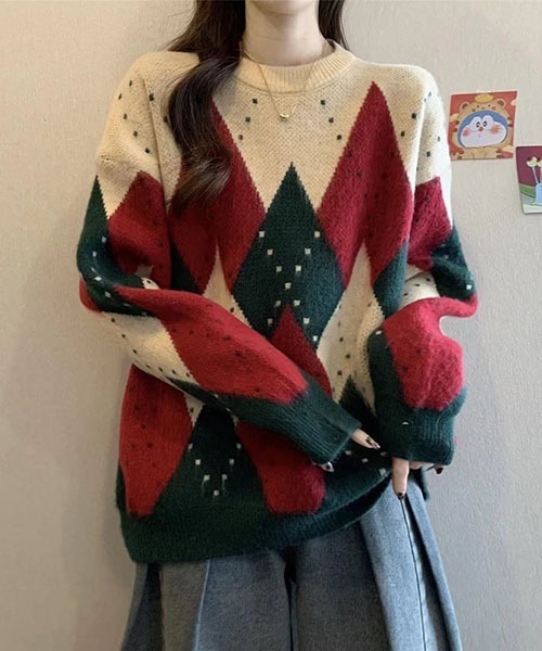 gossip!ロサンゼルス(ゴシップロサンゼルス)の「ルーズシルエット ジャガード アニマル アーガイル柄/チェック柄 ニット セーター(ニット/セーター・レディース・レッド・FREE)」の2枚目の写真