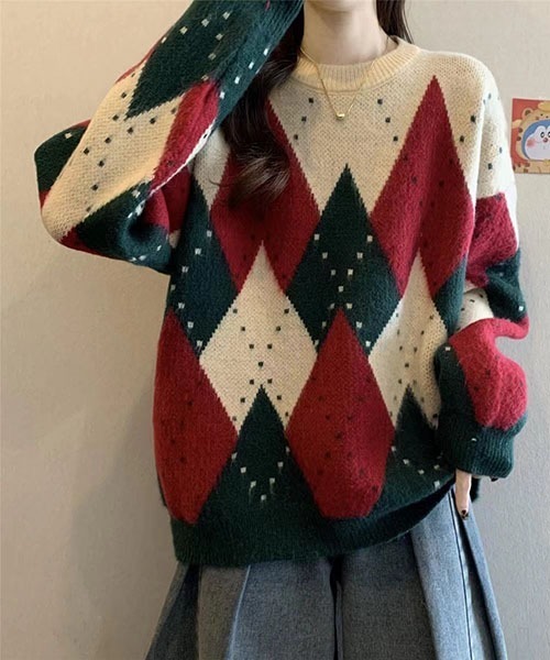 gossip!ロサンゼルス(ゴシップロサンゼルス)の「ルーズシルエット ジャガード アニマル アーガイル柄/チェック柄 ニット セーター(ニット/セーター・レディース・レッド・FREE)」の5枚目の写真