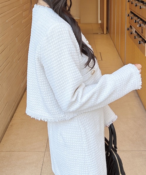 INGNI（イング）の「ツイードフリンジジャケット／B(セットアップ対応)（ノーカラージャケット・レディース・ブラック/サックスブルー/オフホワイト・M）」の6枚目の写真