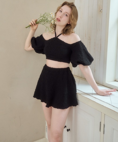 mellowneon（メロウネオン）の「2wayパフスリーブ水着（水着・レディース・ブラック/アイボリー・FREE）」の8枚目の写真