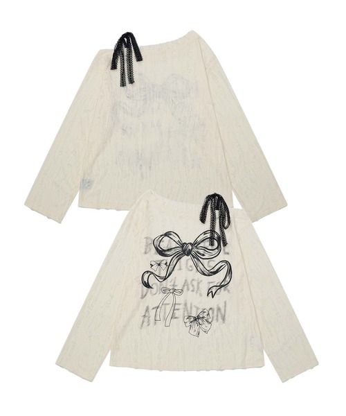 HOOK(フック)の「【HOOK】for girls リボンプリントオープンショルダーダメージトップス(Tシャツ/カットソー・レディース・ダークグレー/ベージュ・MEDIUM/SMALL)」の2枚目の写真