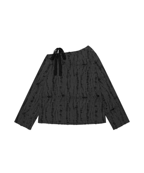 HOOK(フック)の「【HOOK】for girls リボンプリントオープンショルダーダメージトップス(Tシャツ/カットソー・レディース・ダークグレー/ベージュ・MEDIUM/SMALL)」の4枚目の写真