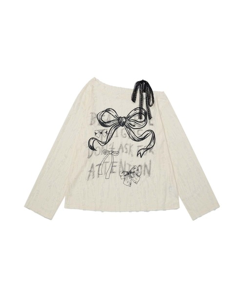 HOOK(フック)の「【HOOK】for girls リボンプリントオープンショルダーダメージトップス(Tシャツ/カットソー・レディース・ダークグレー/ベージュ・MEDIUM/SMALL)」の7枚目の写真