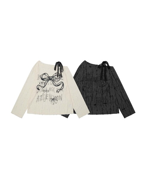 HOOK(フック)の「【HOOK】for girls リボンプリントオープンショルダーダメージトップス(Tシャツ/カットソー・レディース・ダークグレー/ベージュ・MEDIUM/SMALL)」の3枚目の写真