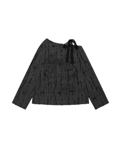 HOOK(フック)の「【HOOK】for girls リボンプリントオープンショルダーダメージトップス(Tシャツ/カットソー・レディース・ダークグレー/ベージュ・MEDIUM/SMALL)」の5枚目の写真