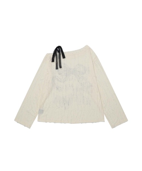 HOOK(フック)の「【HOOK】for girls リボンプリントオープンショルダーダメージトップス(Tシャツ/カットソー・レディース・ダークグレー/ベージュ・MEDIUM/SMALL)」の6枚目の写真