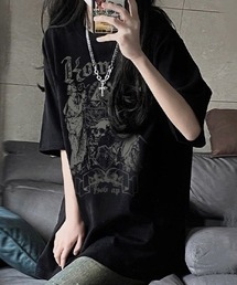 DEVICE（デバイス）の「ダーク ドクロ グラフィック ヴィンテージ スカル プリント y2k 古着風 韓国ストリート 半袖 Tシャツ（Tシャツ/カットソー）」