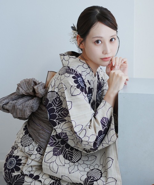 手染め注染浴衣3点セット utatane×注染工房 先染めベージュに紫