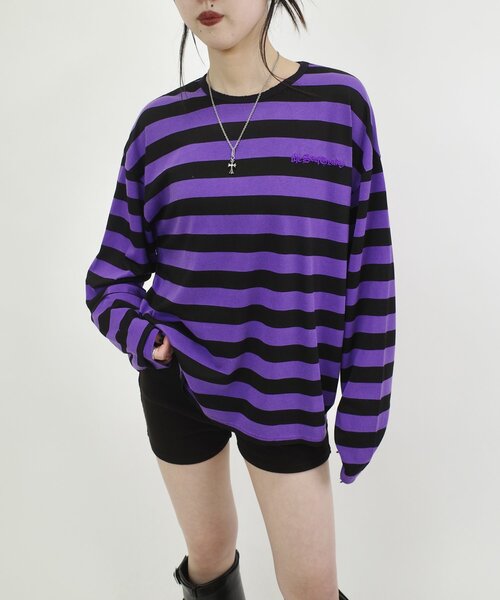 Sourcream（サワークリーム）の「【Sourcream/サワークリーム】ボーダーロンTEE（Tシャツ/カットソー・レディース・チャコールグレー/ホワイト/パープル・FREE）」の3枚目の写真