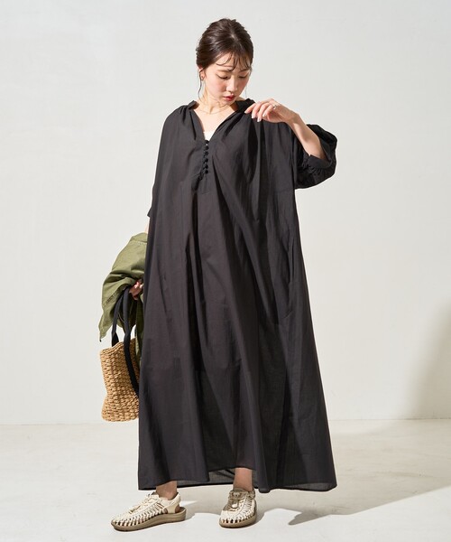 新品 ヤマダヤ FIKA. シアー素材 スキッパー ワンピース ブラック 新品 ヤマダヤ FIKA. シアースリーブ スキッパー ワンピース