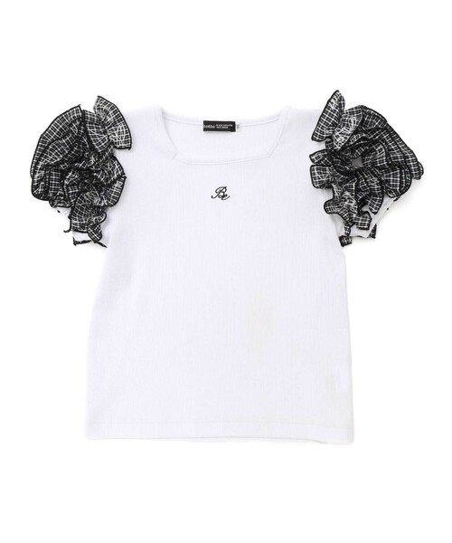 BeBe（ベベ）の「【お揃い】先染めチェックローズプリントフリルパフスリーブリブTシャツ(90~160cm)（Tシャツ/カットソー・キッズ・ホワイト・120cm/130cm/140cm/150cm）」の4枚目の写真