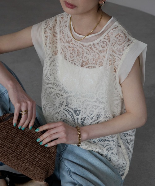 each（イーチ）の「レースフレンチTシャツ（Tシャツ/カットソー・レディース・アイボリー/ブラック・FREE）」の2枚目の写真