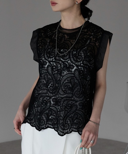 each（イーチ）の「レースフレンチTシャツ（Tシャツ/カットソー・レディース・アイボリー/ブラック・FREE）」の14枚目の写真