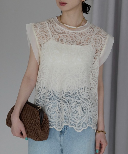 each（イーチ）の「レースフレンチTシャツ（Tシャツ/カットソー・レディース・アイボリー/ブラック・FREE）」の3枚目の写真