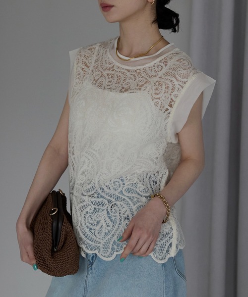 each（イーチ）の「レースフレンチTシャツ（Tシャツ/カットソー・レディース・アイボリー/ブラック・FREE）」の9枚目の写真