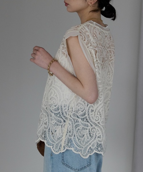 each（イーチ）の「レースフレンチTシャツ（Tシャツ/カットソー・レディース・アイボリー/ブラック・FREE）」の4枚目の写真