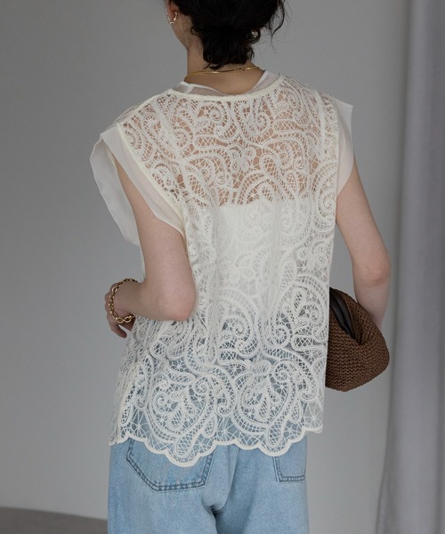 each（イーチ）の「レースフレンチTシャツ（Tシャツ/カットソー・レディース・アイボリー/ブラック・FREE）」の5枚目の写真