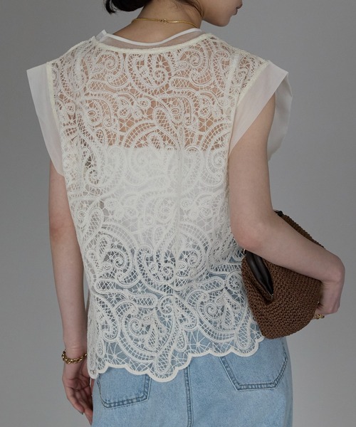 each（イーチ）の「レースフレンチTシャツ（Tシャツ/カットソー・レディース・アイボリー/ブラック・FREE）」の6枚目の写真