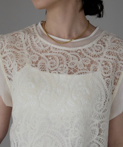 each（イーチ）の「レースフレンチTシャツ（Tシャツ/カットソー・レディース・アイボリー/ブラック・FREE）」の7枚目の写真