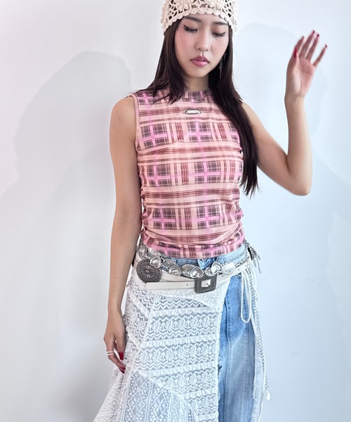 チェック】シアーハイネックタンクトップ（Tシャツ/カットソー