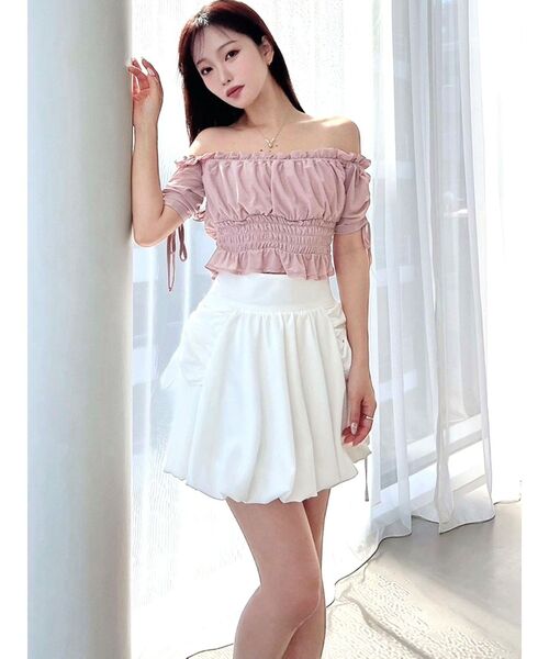 RESEXXY（リゼクシー）の「シャーリングクロップドトップス（Tシャツ/カットソー・レディース・ピンク/イエロー/ブラック・FREE）」の6枚目の写真