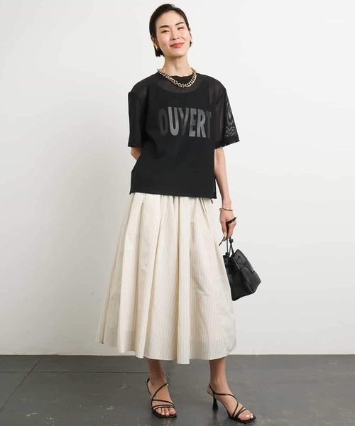 MICHEL KLEIN（ミッシェル・クラン）の「[ドライタッチ]スピンドルギャザースカート ストライプ柄(セットアップ対応)（スカート・レディース・ライトベージュ・38）」の10枚目の写真