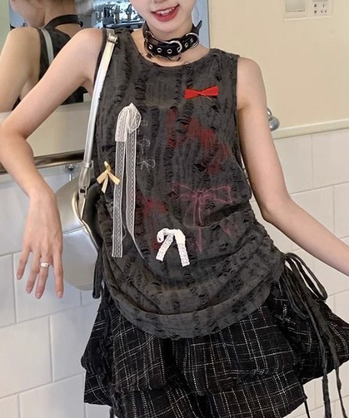 GEMEDA(ジェメダ)の「サイドシャーリングリボントップス(タンクトップ・レディース・アイボリー/ダークグレー・M)」の7枚目の写真